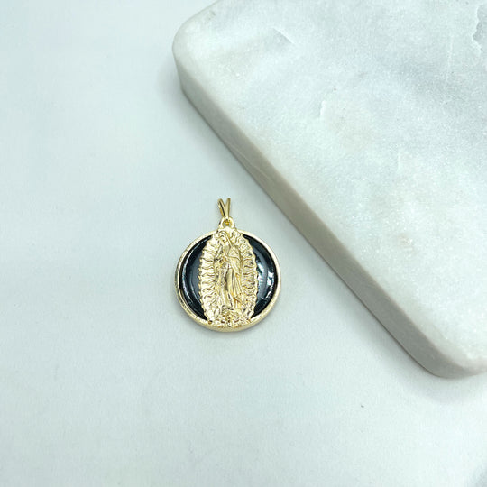 18k Gold Filled Texturized Our Lady of Guadalupe Medal Pendant with Black Enamel