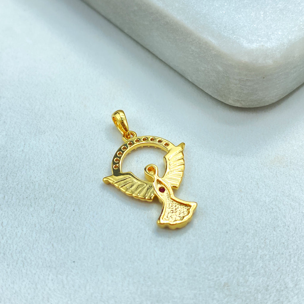 18k Gold Filled Angel Charm, CZ Halo Pendant with Red CZ Stone, Dainty Religious Jewelry, Faith Gift, CZ Angel Charm
