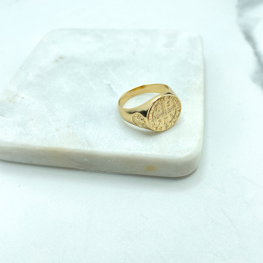 18k Gold Filled St Benedict Signet Men's Ring, Medal Cross Ring.