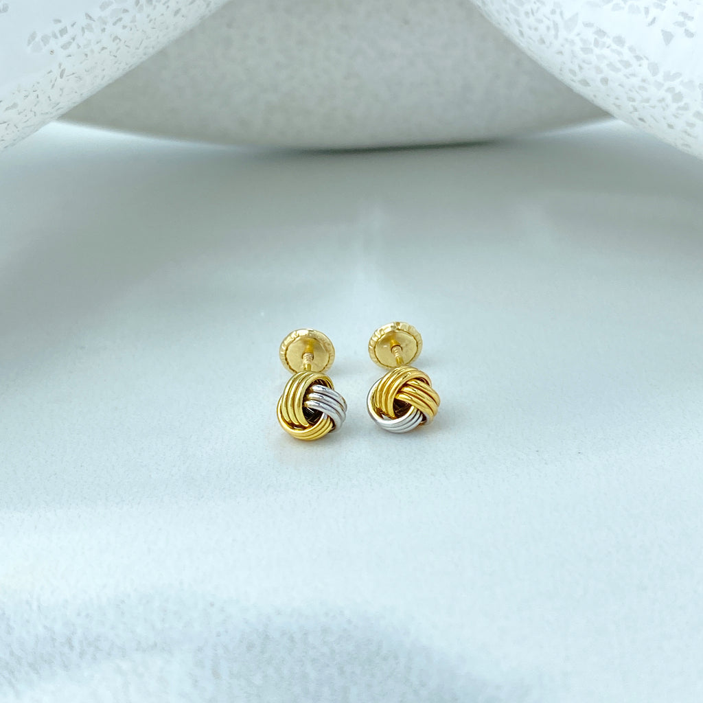 14k Solid Gold Two Tone Knot Stud Earrings, 14k Solid Yellow and Silver Gold Stud Earrings