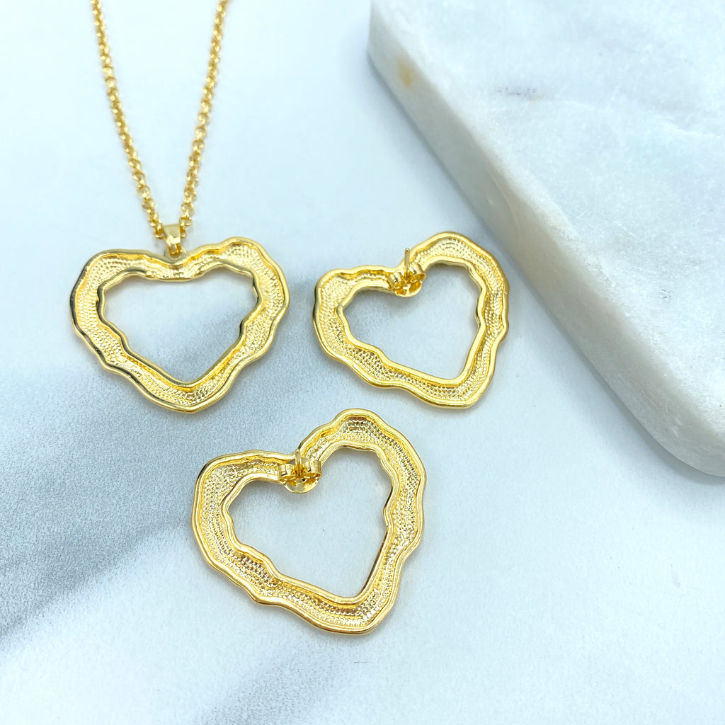 18k Gold Filled Texturized and Irregular Hearts Necklace and Stud Earrings Set