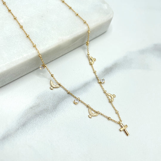 18k Gold Filled Fancy Religious Choker with Satellite Chain, Dangle Doves