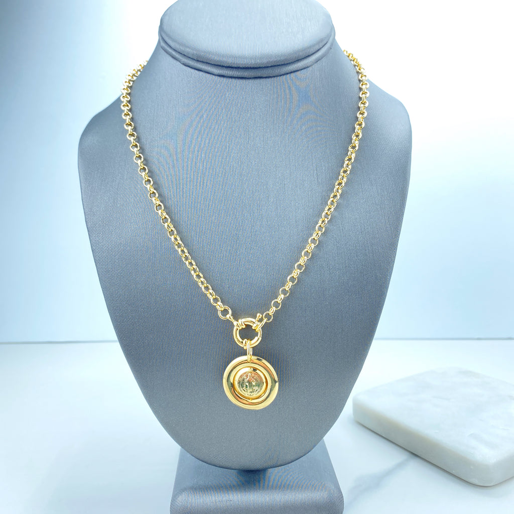 18k Gold Filled 4mm Rolo Chain with Saint Benedict Medal Necklace, San Benito Coin Necklace with front Spring Ring Clasp