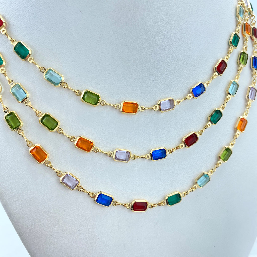 18k Gold-Filled Rainbow Crystal Necklace, Rectangular Multicolor Stone Design, 3 Different Sizes