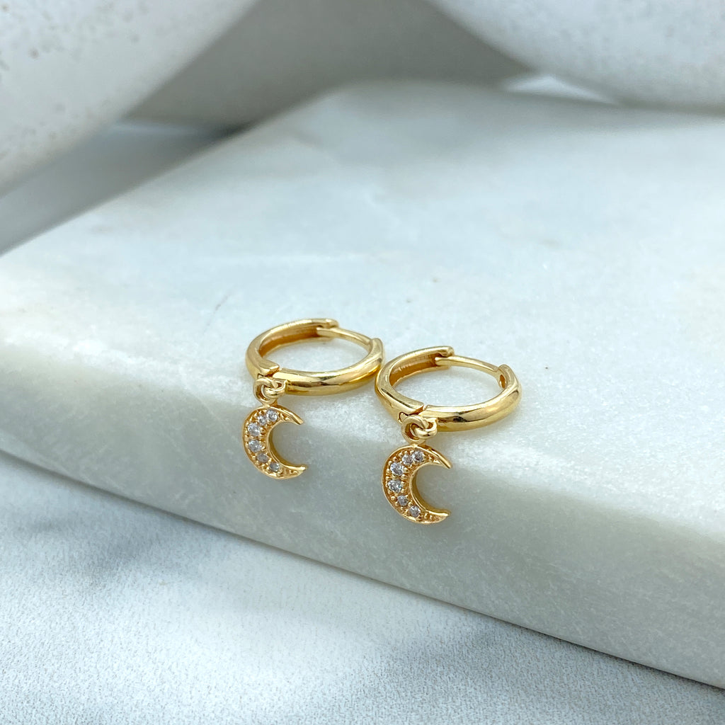 14k Solid Gold Huggie Earrings with Dangle Half Moon Charm featuring CZ, 14k Solid Yellow Gold CZ Moon Huggie Earrings