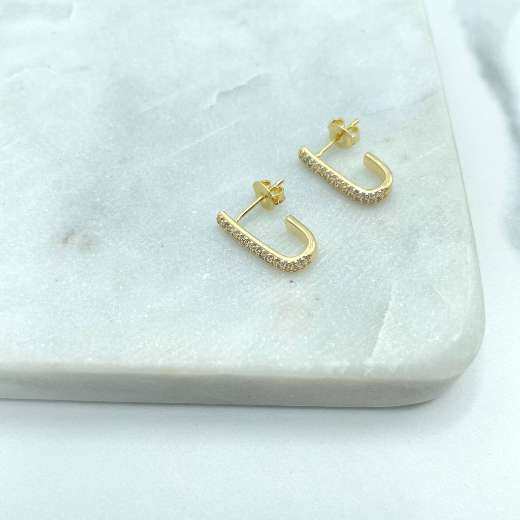 18k Gold Filled "J" Shape Stud Earrings Featuring Micro Pave Cubic Zirconia