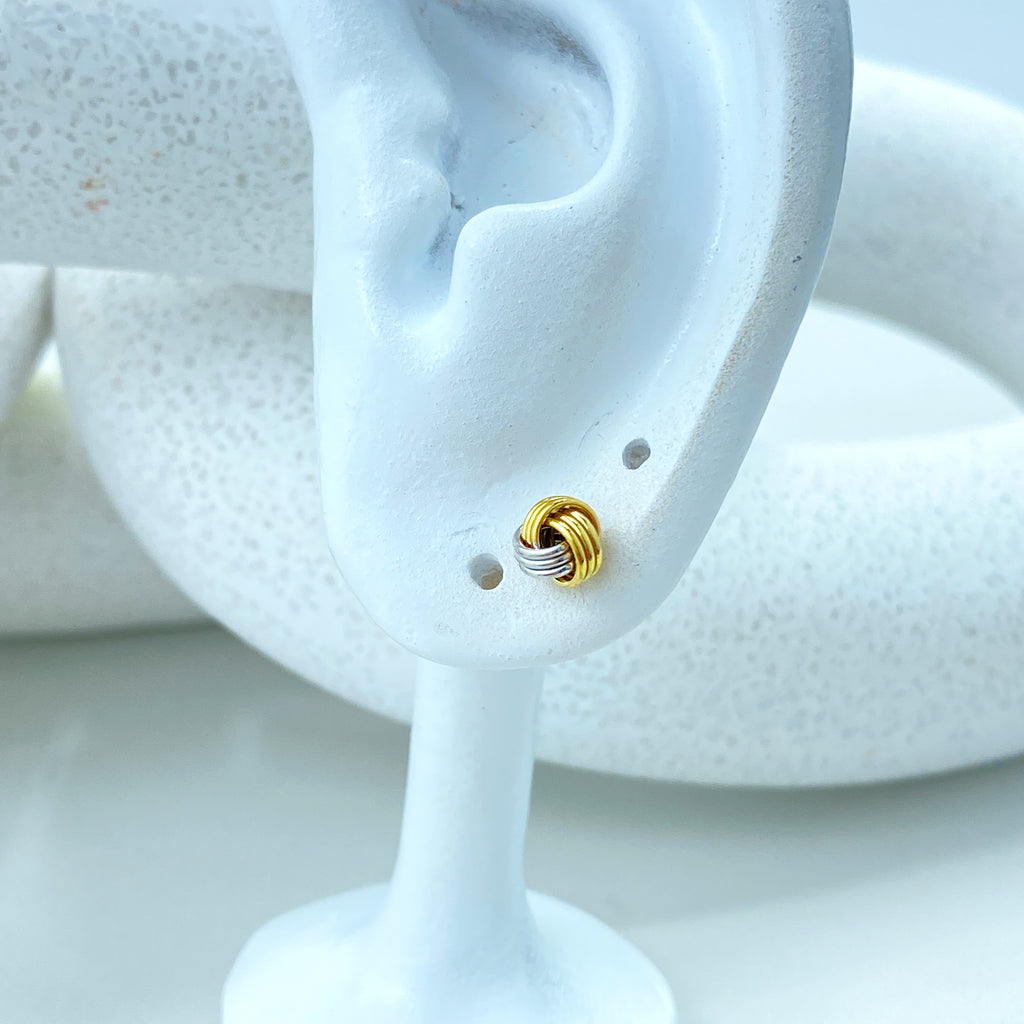 14k Solid Gold Two Tone Knot Stud Earrings, 14k Solid Yellow and Silver Gold Stud Earrings