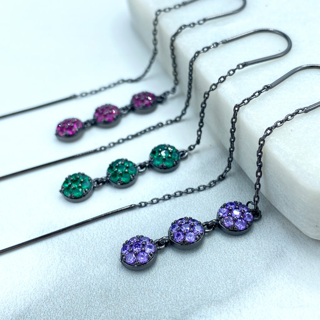 Rhodium Hematite Tone Chain Threader Earrings with Colored Cubic Zirconia Drop Circles, Pink, Green or Purple