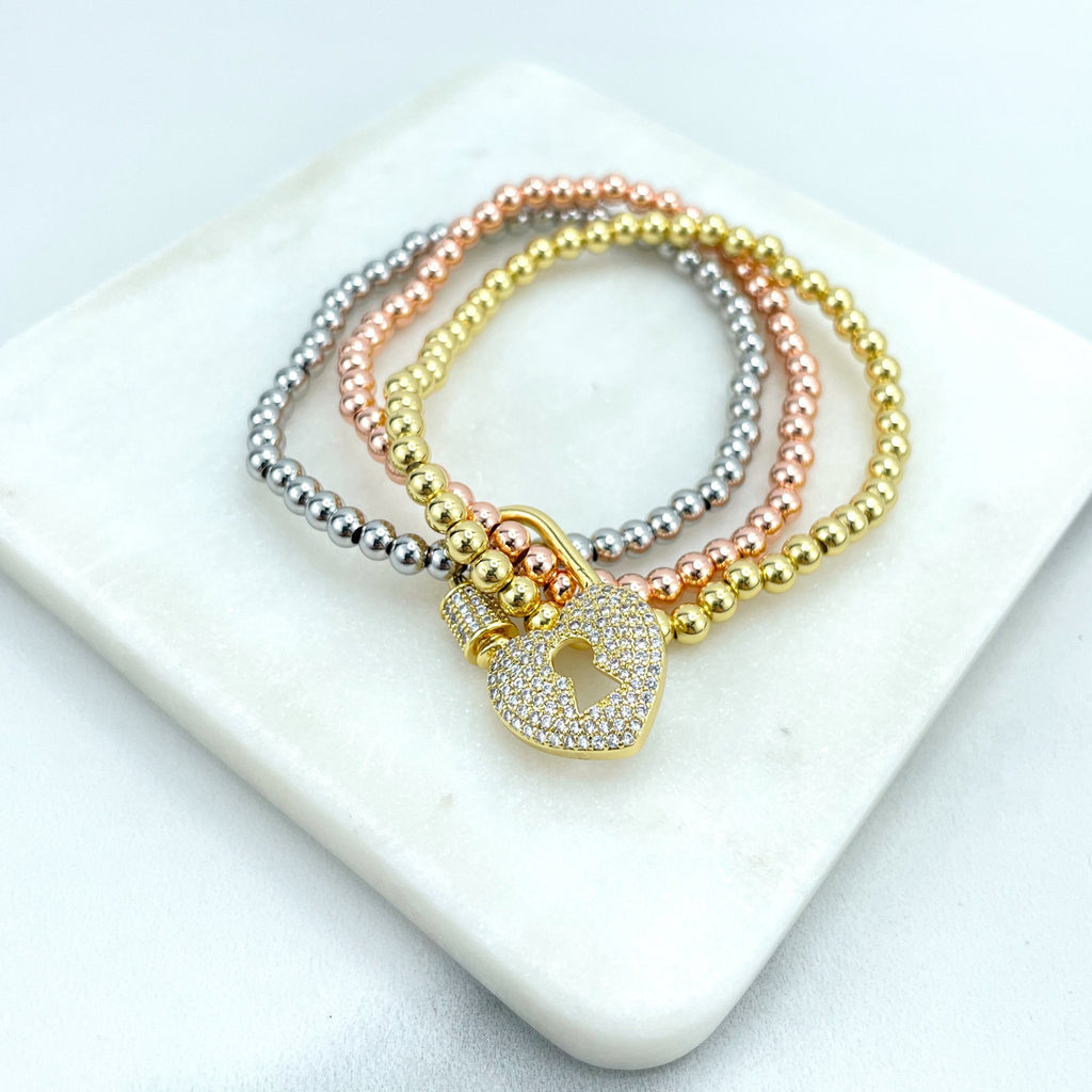 18k Gold Filled Three Tone 4mm Beads Elastic Stackable Bracelet with Micro Cubic Zirconia Lock Heart