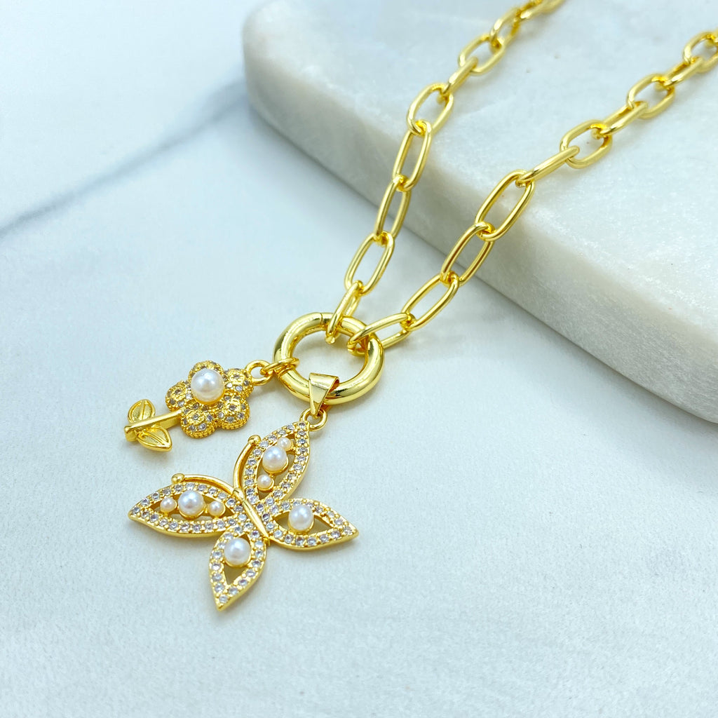 18k Gold Filled Necklace, Paperclip Chain with CZ & Pearl Flower Butterfly Charms Necklace, 16" + Extender
