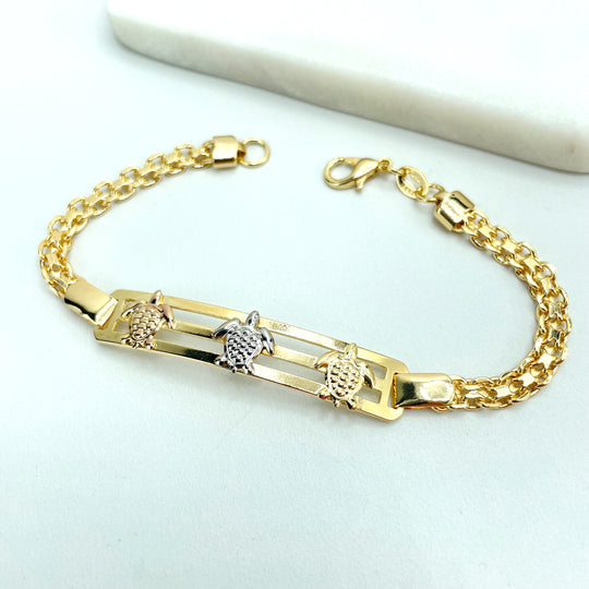 18k Gold Filled 5mm Popcorn Chain Three Tone Turtles ID Bracelet