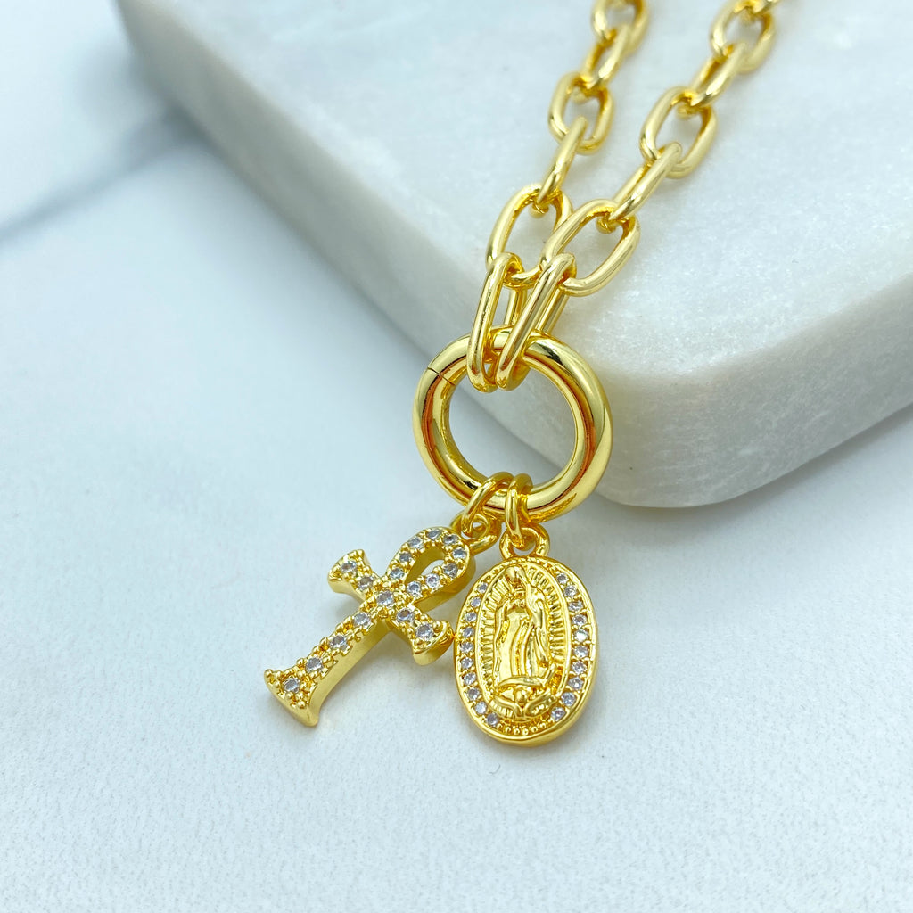 18k Gold Filled Necklace, Paperclip Chain with CZ Ankh Cross & Guadalupe Medal, Faith Religious Jewelry, 16"  + Extender