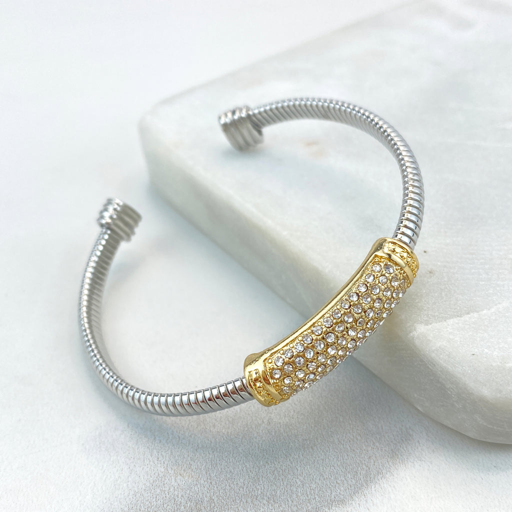 18k Gold Filled and Silver Filled Cable Cuff Bracelets, Lines, CZ Large Charms, Double CZ Charm