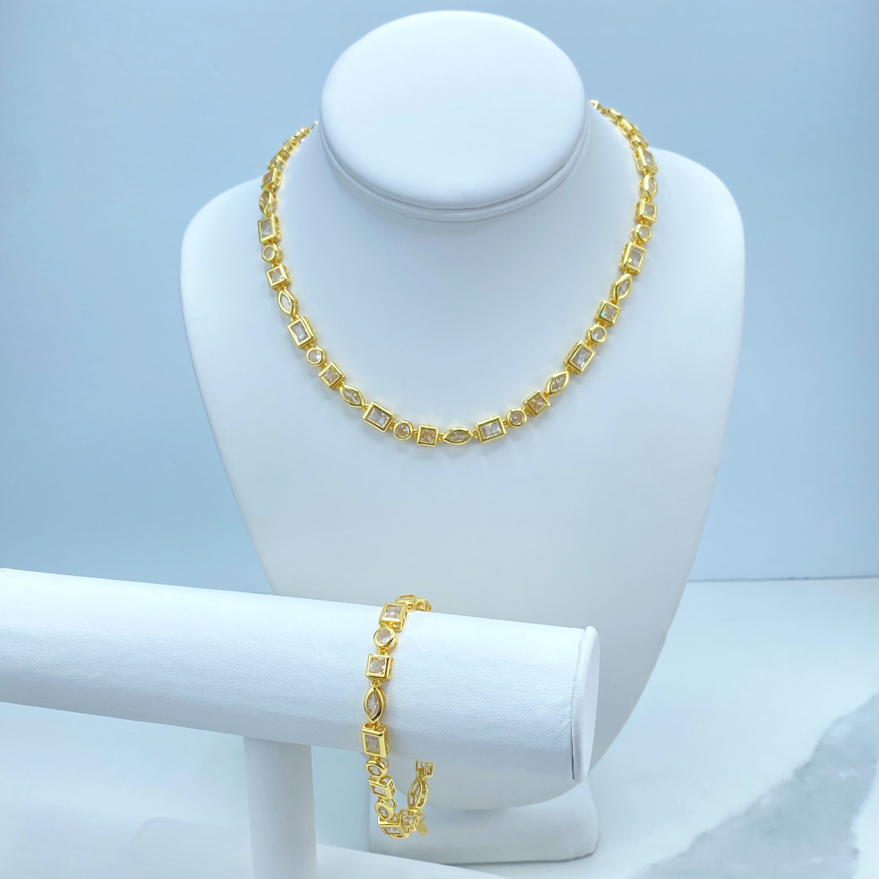 18K Gold Filled Clear CZ Jewelry Set Necklace & Bracelet