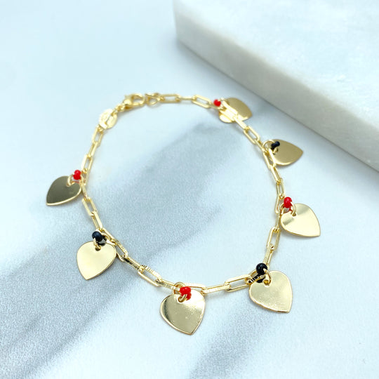 18k Gold Filled 3mm Paperclip Chain Bracelet with Dangle Flat Hearts Charm, Red & Black Linked Beads