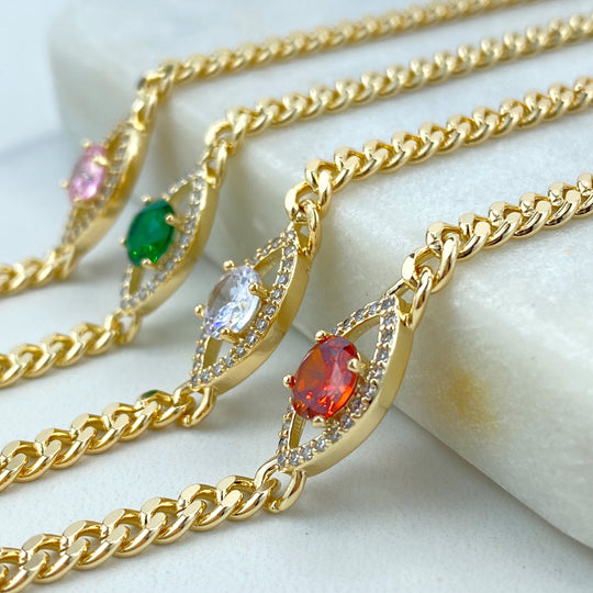 18K Gold Filled Curb Link Chain Bracelet with CZ Evil Eye Charm, Available in Pink, Red, White, or Green CZ,