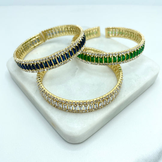 18k Gold Filled Bangle Cuff Bracelet Featuring Colored Baguette and Clear Cubic Zirconia