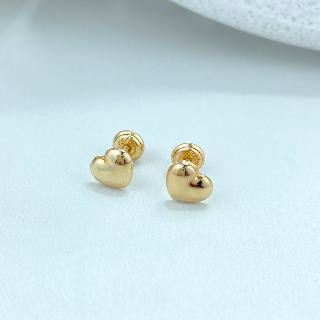 14k Solid Gold Heart Stud Earrings, 14k Solid Yellow Gold Puffed Polished Stud Earrings