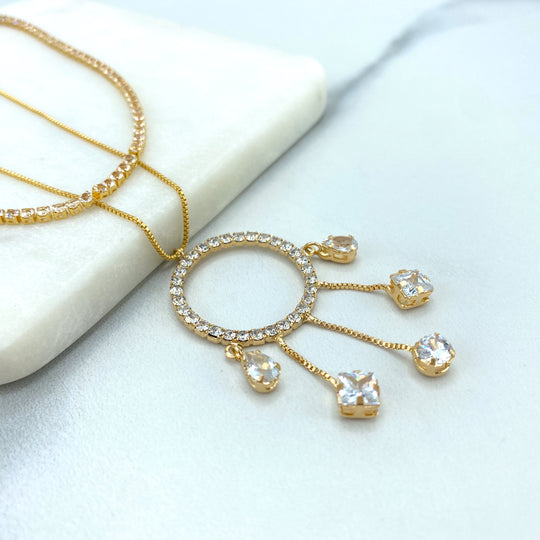 18k Gold Filled Box Chain with Dangle CZ Circle Pendant & Clear Tennis Choker Set