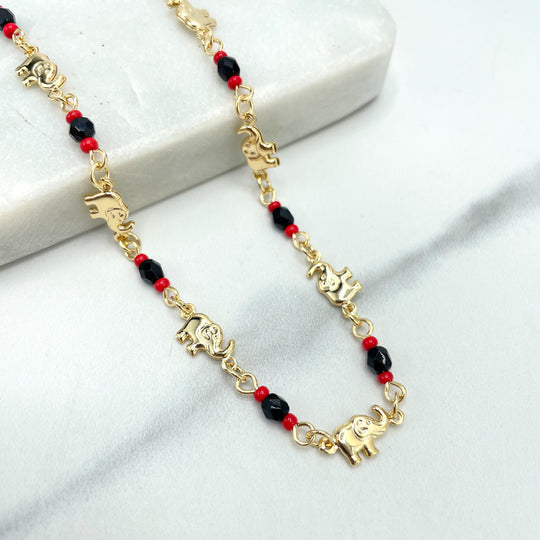 18k Gold Filled Luck & Protective Necklace,Linked with Simulated Azabache and Puffed Elephants Charms