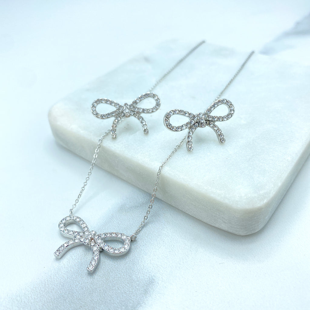 Silver Filled Ribbon Bow Stud Earrings or Necklace featuring Clear Cubic Zirconia Set