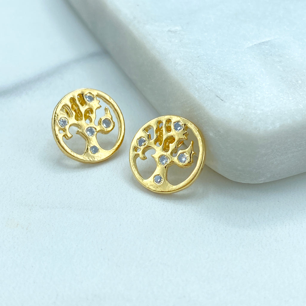 18k Gold Filled Tree of Life Stud Earring and Pendant Set, featuring Micro CZ, Cutout Style