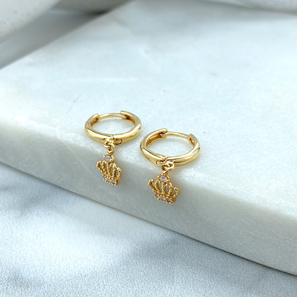 14k Solid Gold Huggie Earrings with Dangle Cutout Crown Charm featuring CZ, 14k Solid Yellow Gold CZ King Queen Crown Huggie