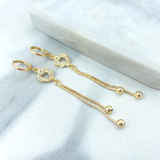 18K Gold Filled Long Dangle Heart Charm Huggie Earrings, Double Dangle Huggie Hoop Earrings with CZ Heart