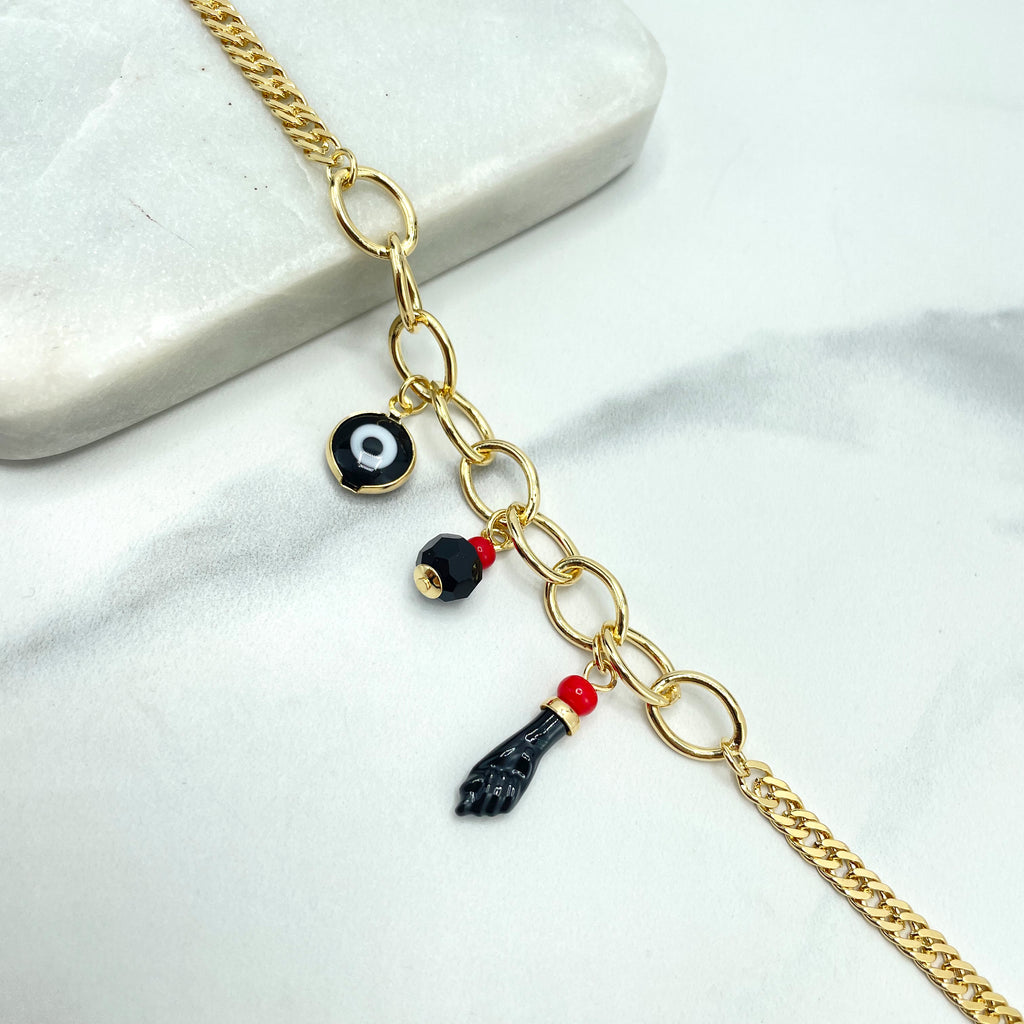 18k Gold Filled Luck and Protection Necklace, 4mm Curb Link Chain, Dangle Evil Eye
