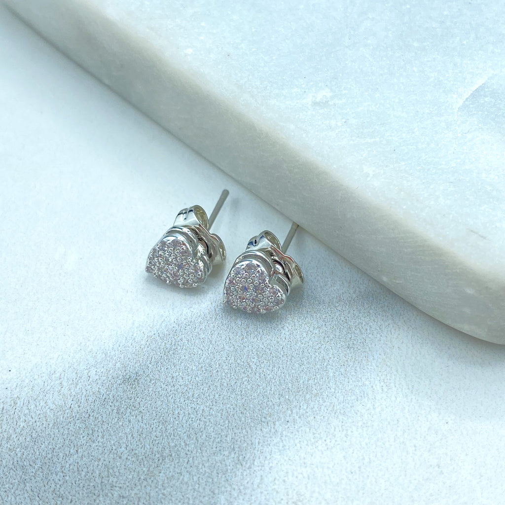 Silver Filled Heart Shaped Stud Earrings with Micro Pave CZ, Micro CZ Silver Heart Stud Earrings