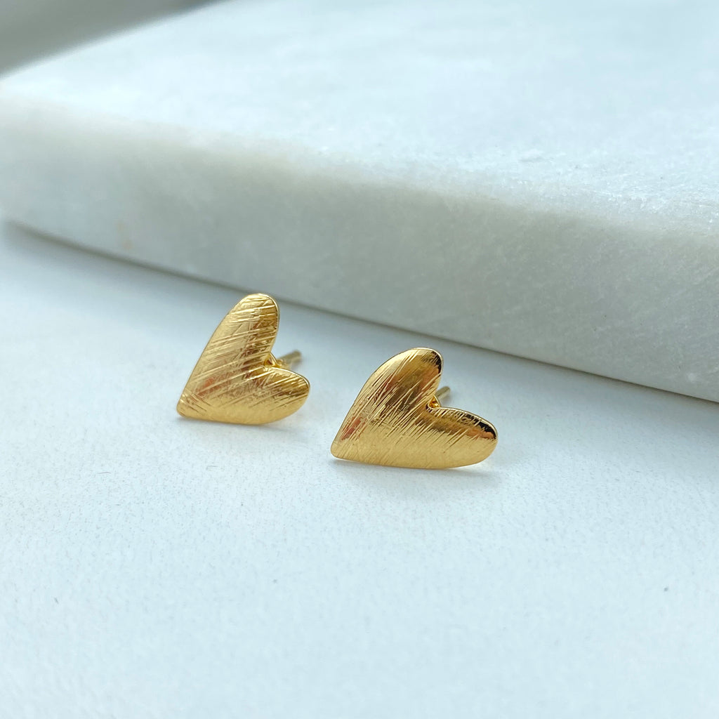 18k Gold Filled V Heart Necklace or Earrings, Textured V Heart Charm Necklace, Textured Heart Stud Earrings