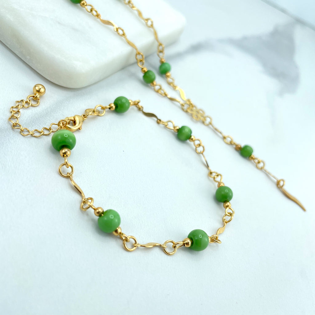 18k Gold Filled Affordable Set with Green Beads Linked with Specialty Link Chain