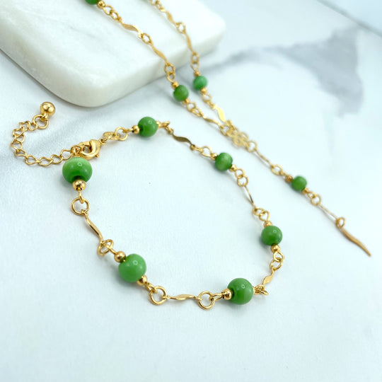 18k Gold Filled Affordable Set with Green Beads Linked with Specialty Link Chain