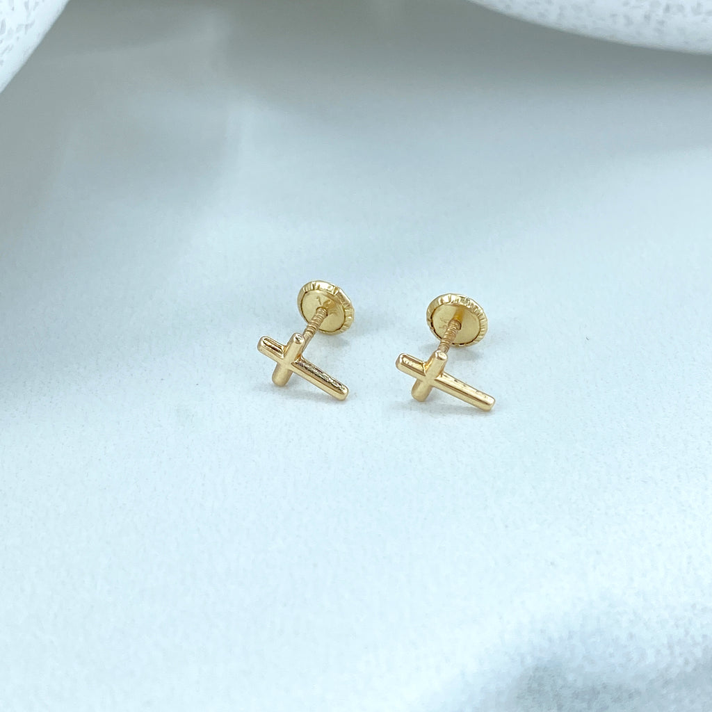 14k Solid Gold Cross Shape Stud Earrings, Polished or featuring Cubic Zirconia