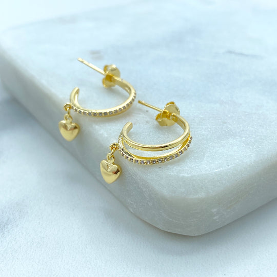 18k Gold Filled Double Layered C-Hoop Earrings featuring Micro CZ and Dangle Petite Heart Charms