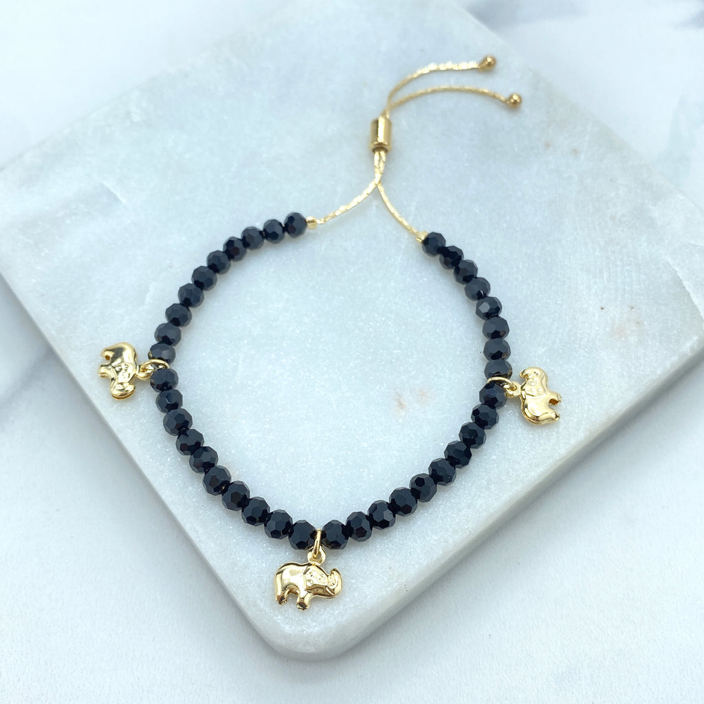 18k Gold Filled Beaded Adjustable Bracelet, Black Beads with Puffed Elephants Charms Adjustable Bracelet