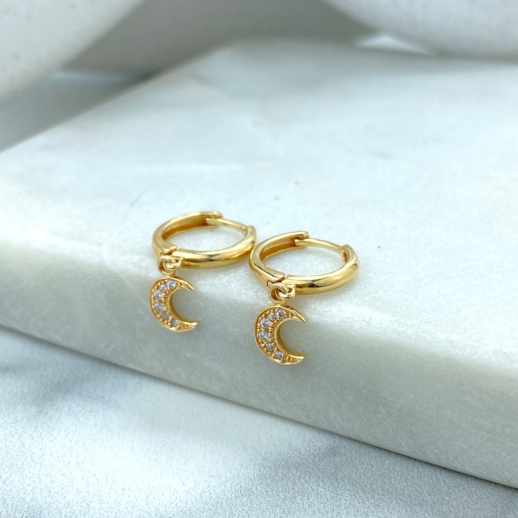 14k Solid Gold Huggie Earrings with Dangle Half Moon Charm featuring CZ, 14k Solid Yellow Gold CZ Moon Huggie Earrings