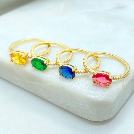 18k Gold Filled Oval Cut Multicolor Solitaire Ring with Micro CZ Band, Accent Engagement Ring for Women