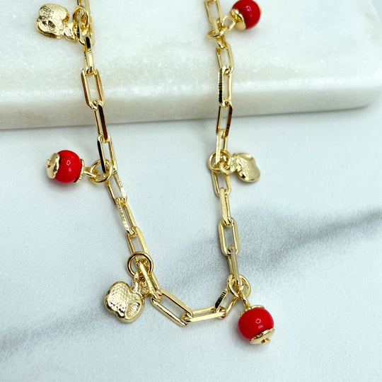 18k Gold Filled 4mm Paperclip Chain Dangle Red Beads & Gold Apples Charms Anklet