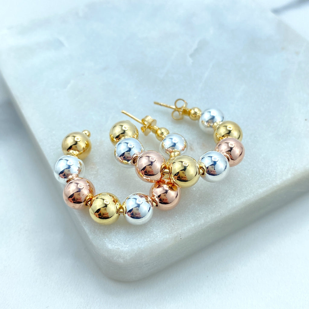 18k Gold Filled 35mm Three Tone Balls Hoop Earrings, Tri-Color Gold, Silver and Rose Gold Hoop, C-Hoop Earrings