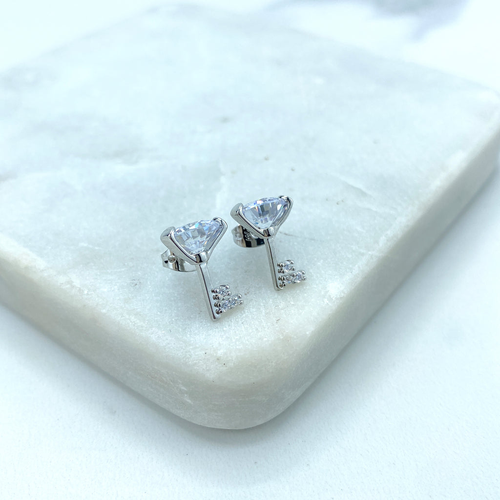 Silver Filled Key Shape Stud Earrings with Round Clear Solitaire Zirconia Top and Micro CZ