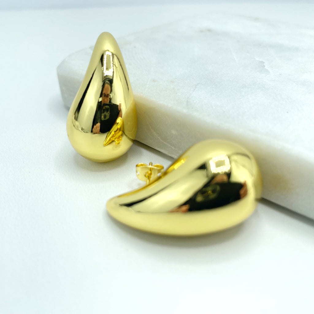 18k Gold Filled Gold Dome Earrings, Chunky Vintage Drop Shape Earrings, Teardrop Puffed