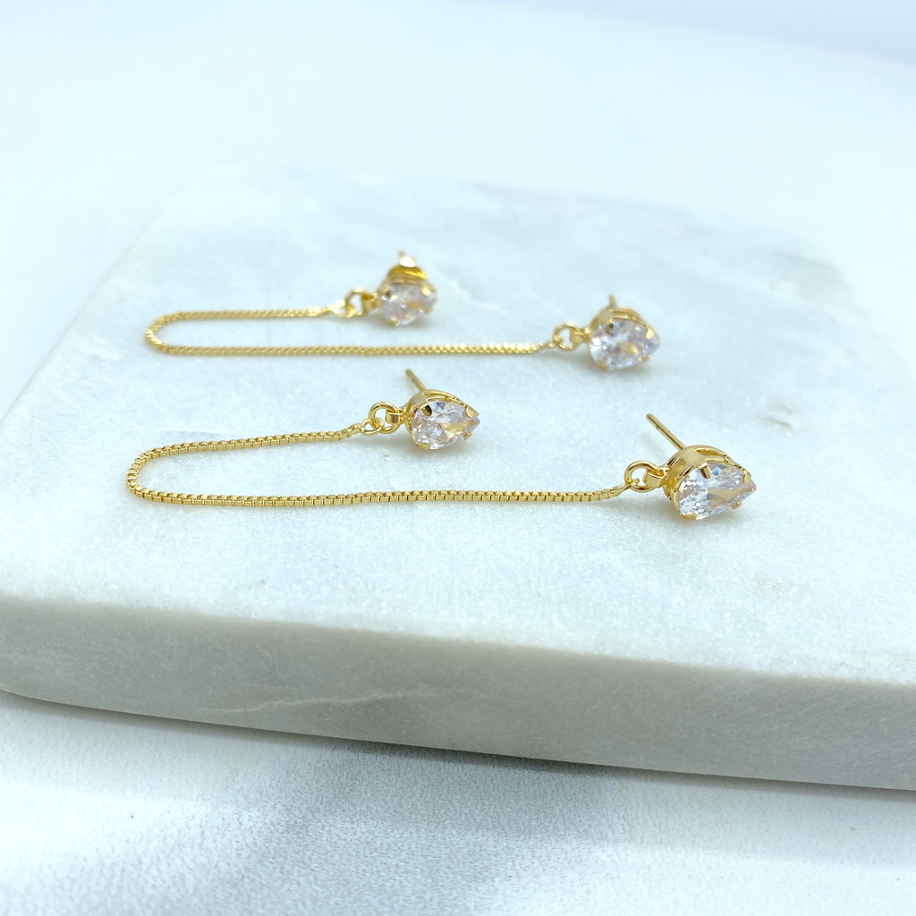 18k Gold Filled Clear Pears Zirconia Double Pierced Chain Drop Earrings