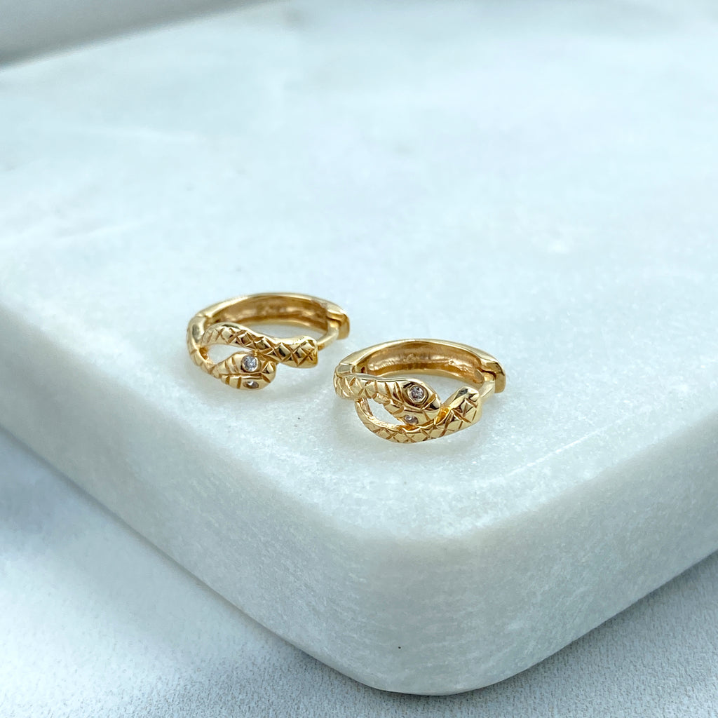 14k Solid Gold Huggies Textured Snake Earrings featuring Clear CZ Eyes, 14k Solid Yellow Gold CZ Snake Huggie Earrings