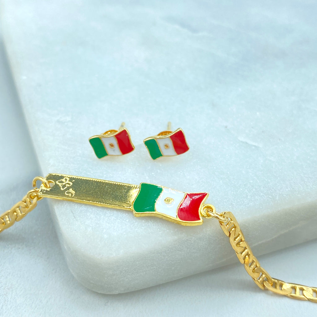 18K Gold Filled and Enamel Mexican Flag ID Mariner Link Bracelet or Stud Earrings Mexican Flag, Patriot Jewelry