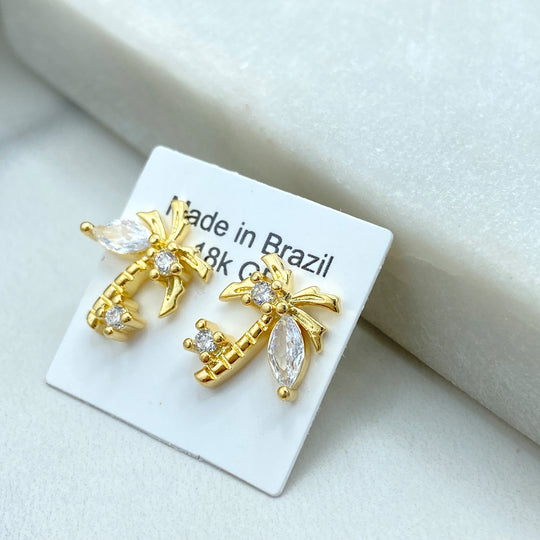 18k Gold Filled Palm Tree Stud Earrings, Gold Palm Tree Earrings with CZ, Beach Earrings, Tropical Earrings