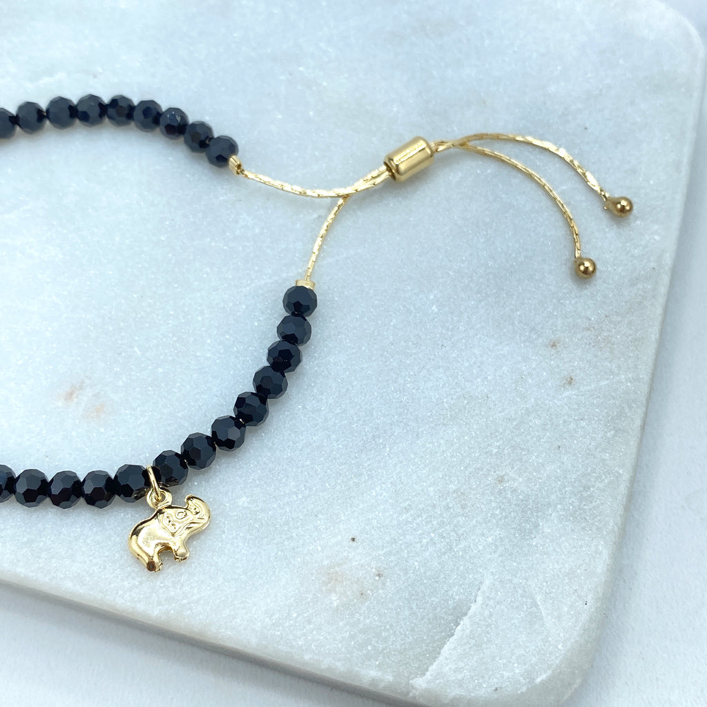 18k Gold Filled Beaded Adjustable Bracelet, Black Beads with Puffed Elephants Charms Adjustable Bracelet