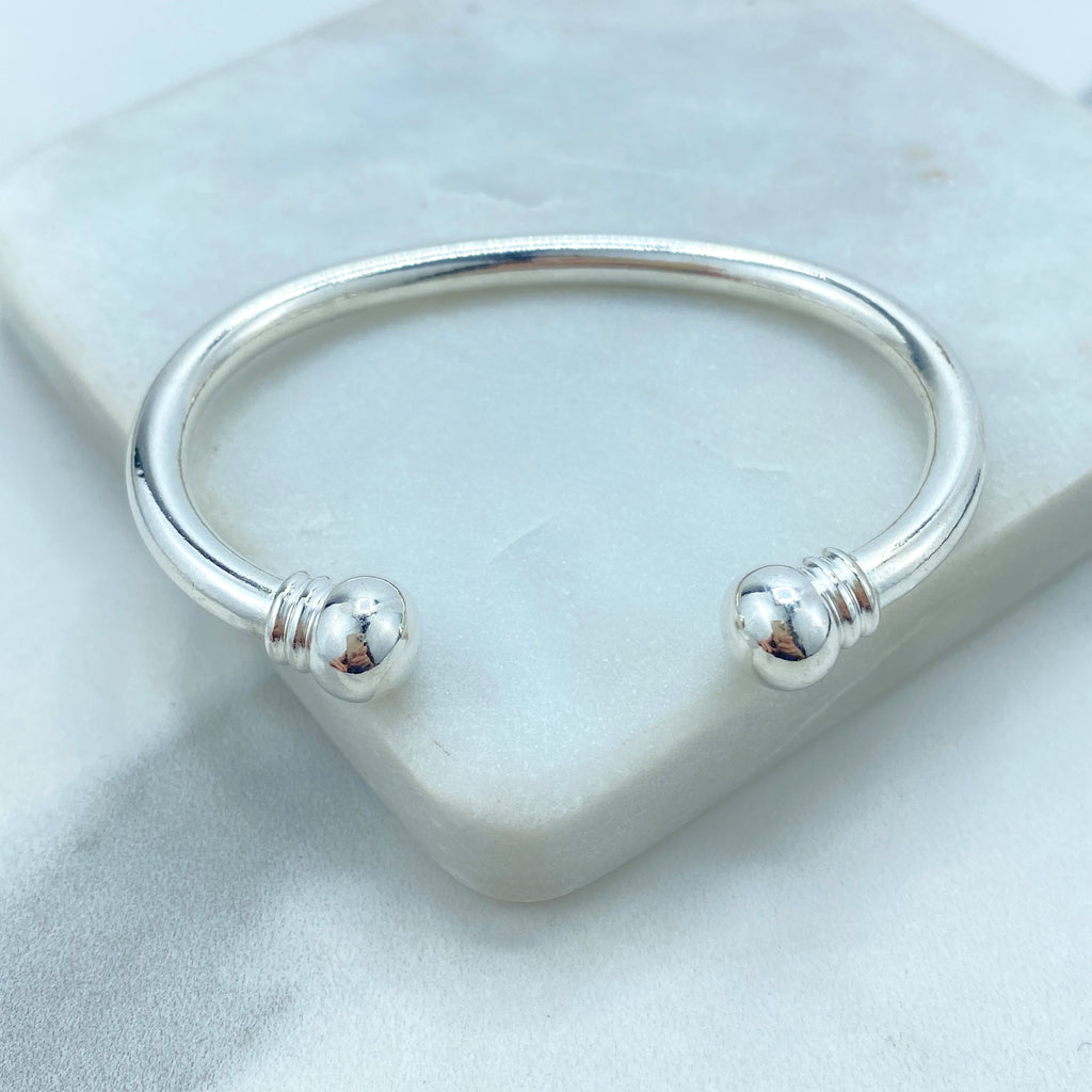 Silver Filled Bangle Featuring Two Solid Balls On Top, Cuff Bracelets, C-Shaped, Classic Bracelet, Fine Bracelet