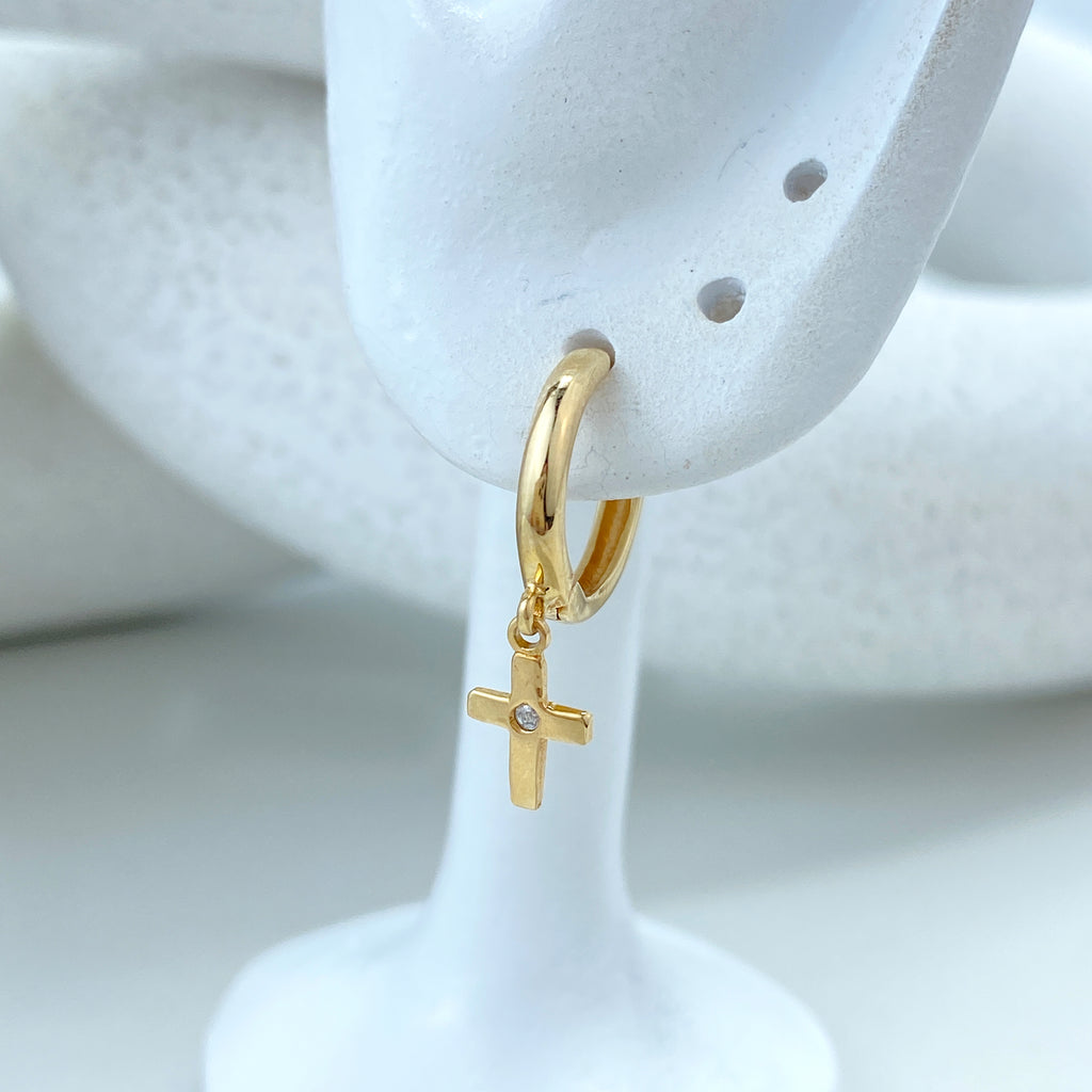 14k Solid Gold Huggie Earrings with Dangle Cross Charm featuring Cubic Zirconia, 14k Solid Yellow Gold CZ Cross Huggie Earrings