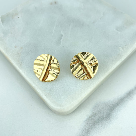 18k Gold Filled Round Hammered Coin Disc Modern Stud Earrings, Texturized Geometric Earrings